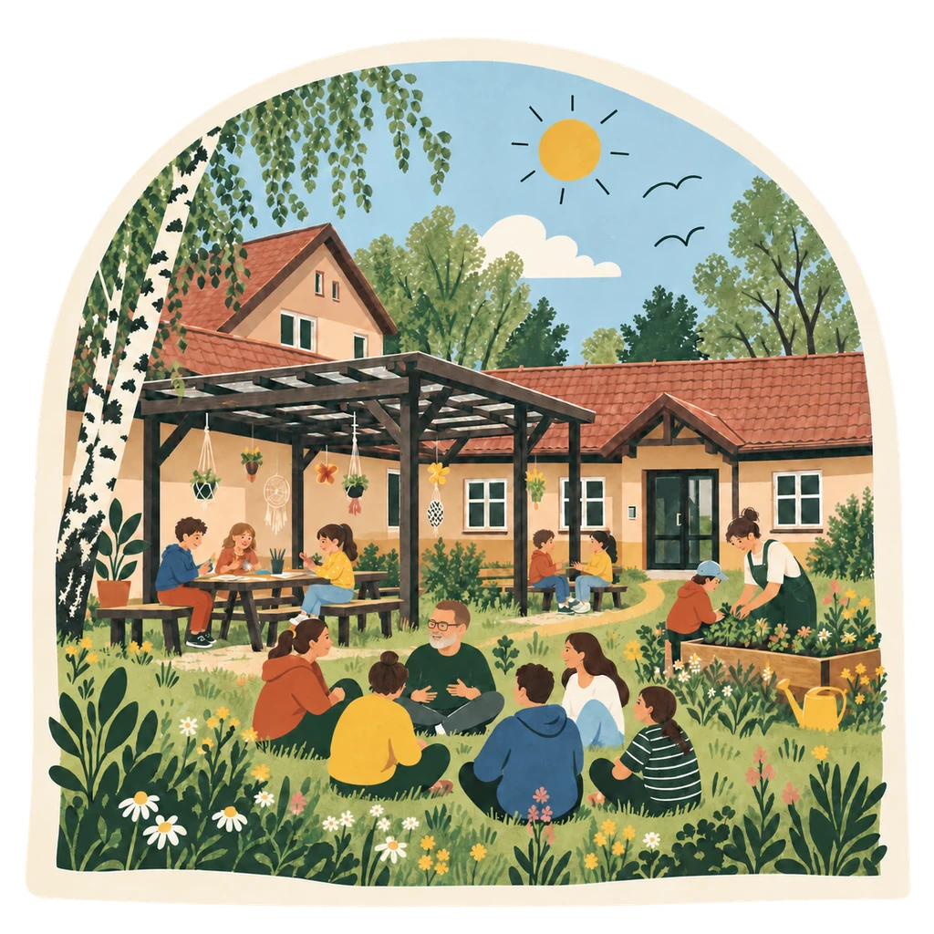 Ilustracja dzieci i dorosłych spędzających wspólnie czas w ogrodzie szkoły